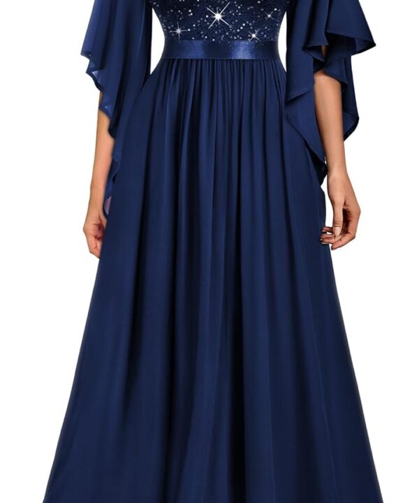 Miusol Women's Elegant Style Sequin Lace Contrast Chiffon Bridesmaid Party Maxi Dress