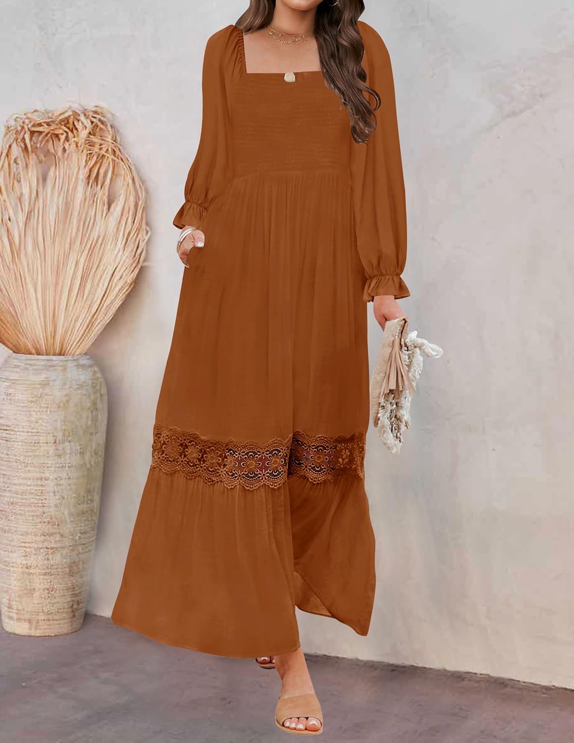 ZESICA Womens 2025 Boho Long Sleeve Square Neck Smocked High Waist Flowy A Line Lace Trim Maxi Dress