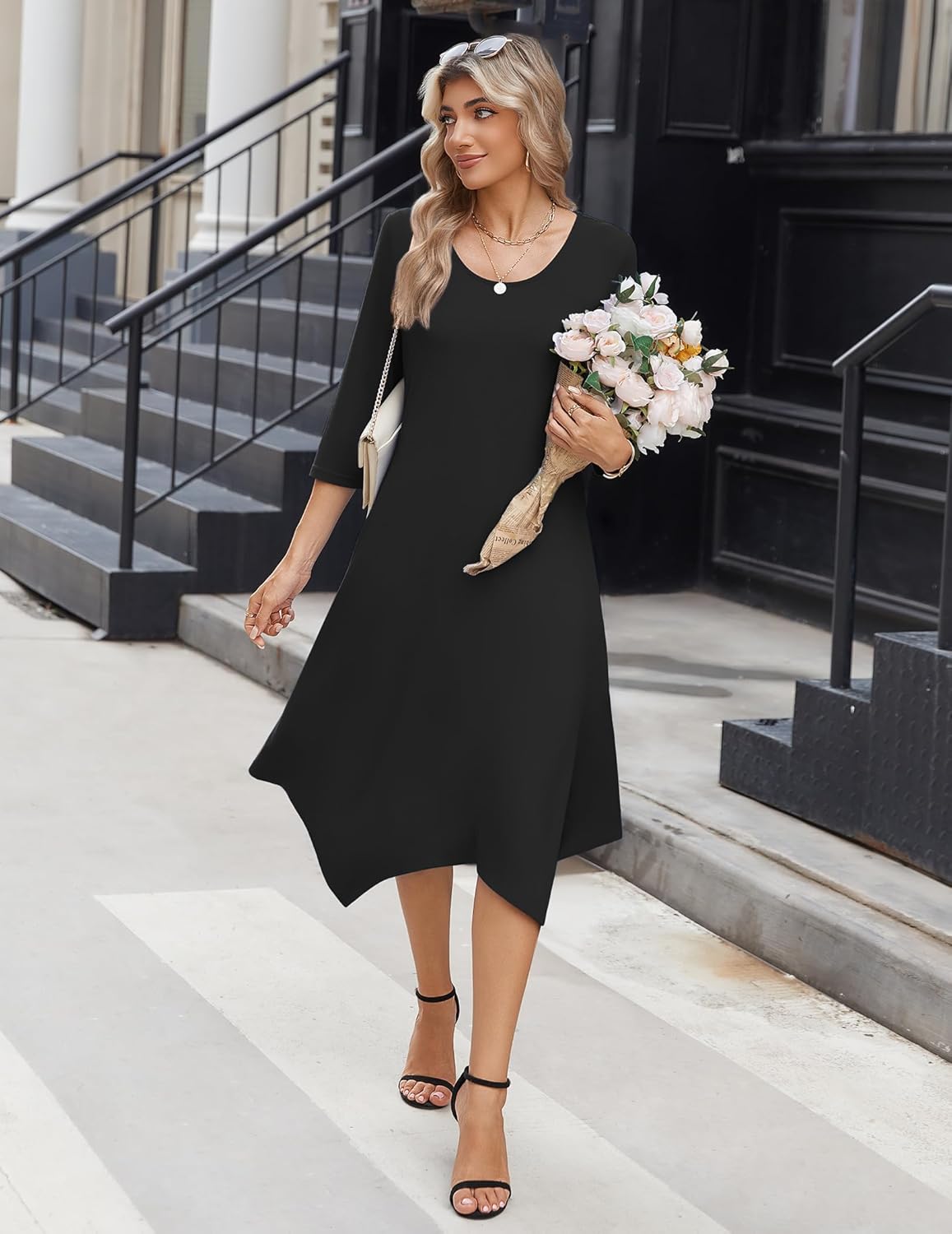 Zeagoo Womens Midi Dresses 3/4 Sleeve Casual Dresses with Pockets 2025 Winter Dress A Line Loose Swing Tshirt Dress