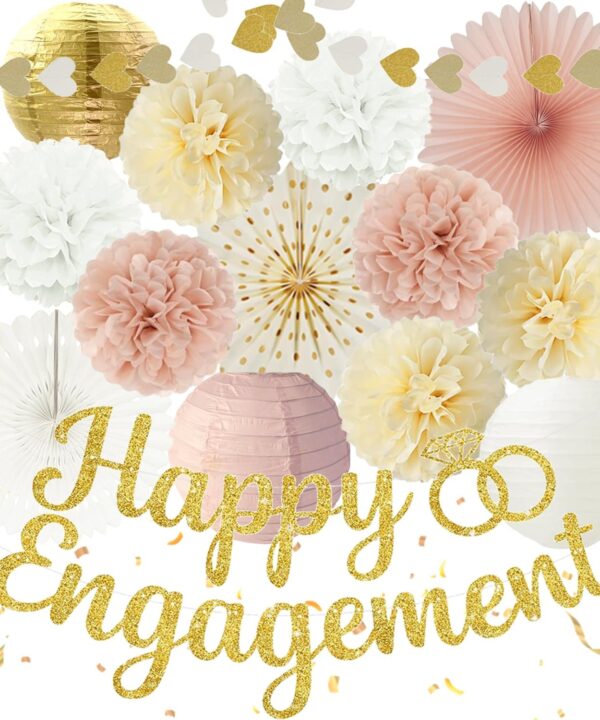 Champagne Gold Engagement Party Decorations - Engagement Banner, Heart Party Garlands, Tissue Paper Pom Poms, Fans and Lanterns Kit for Congratulations, Boho Engaged Decorations