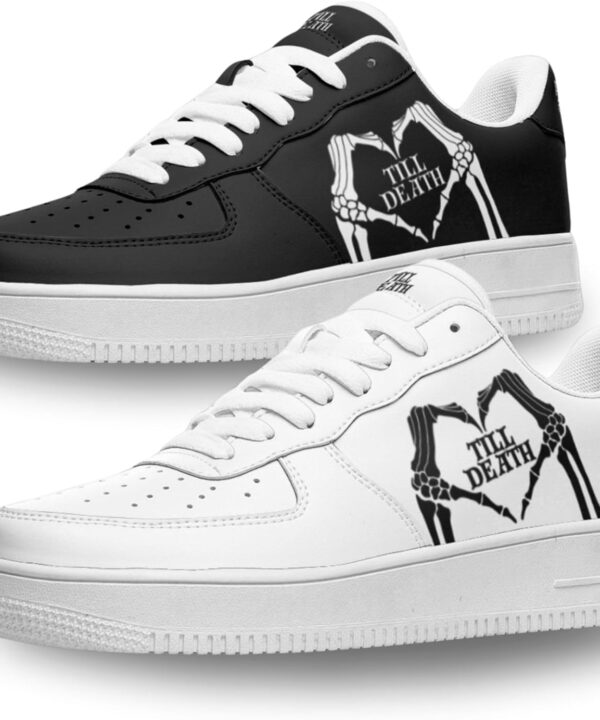 Bride Till Death Collection Low-Top Sneakers, Personalized Bride and Groom Black or White Sneakers for Wedding Day, Wedding Pictures or Honeymoon, Custom Skeleton Heart Design