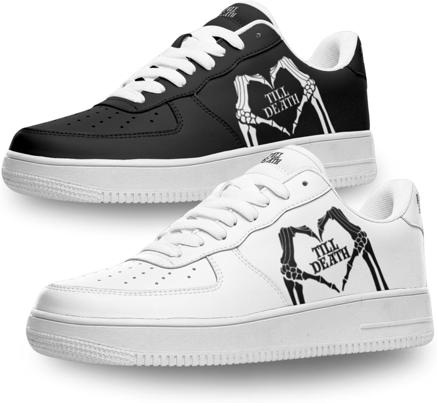 Bride Till Death Collection Low-Top Sneakers, Personalized Bride and Groom Black or White Sneakers for Wedding Day, Wedding Pictures or Honeymoon, Custom Skeleton Heart Design