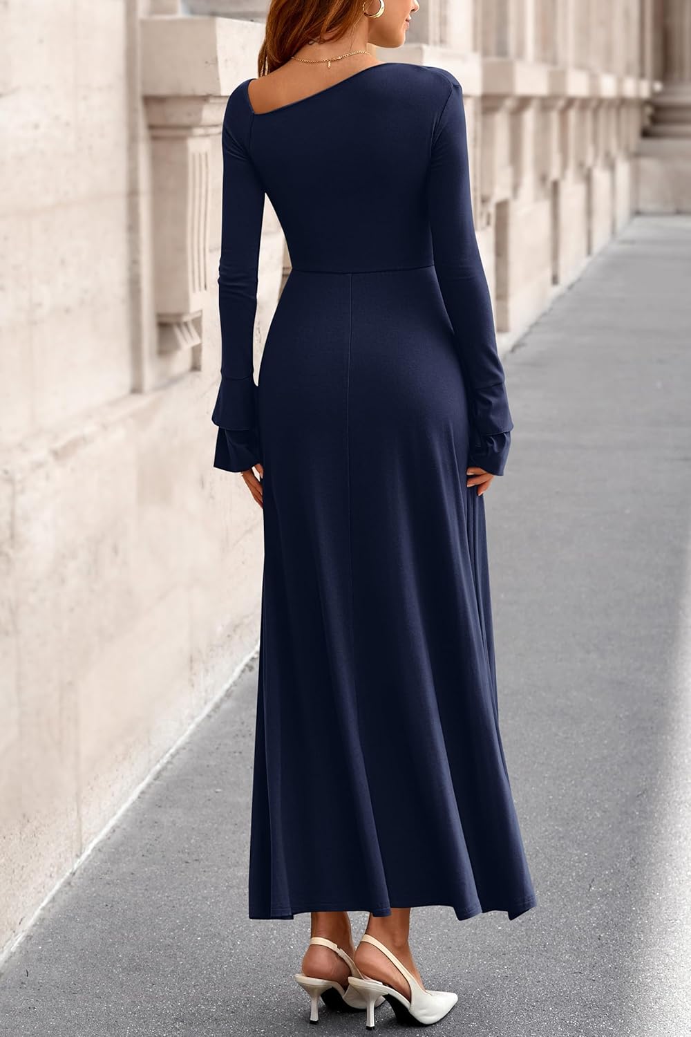 PRETTYGARDEN Womens Dresses Formal Off The Shoulder Long Sleeve Ruched Knit A-Line Maxi Wedding Guest Dress Fall Clothes