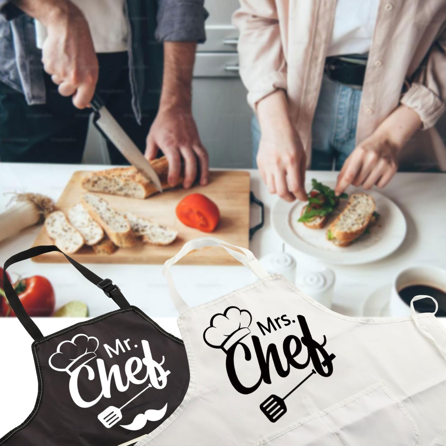MBMSO Mr and Mrs Chef Aprons Set for Couples Cooking Matching His and Hers Kitchen Apron Couple Chefs Wedding Engagement Gift
