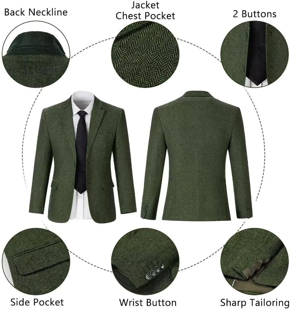 Retro Men Suit 3 Piece Tweed Herringbone Mens Suits Wool Jacket Tuxedos Wedding Grooms Blazer Vest Pants Set Prom