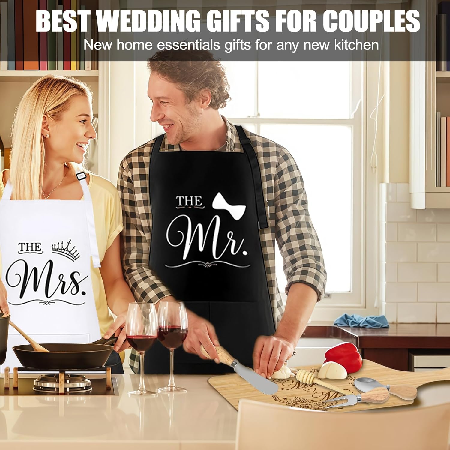 Mr & Mrs Apron Gift Set for Couple Newlyweds Kitchen Gift Cutting Board, Microwave Mitt, Mat, Cheese Knife His and Hers Husband and Wife Gift Wedding Anniversary Bridal Shower Engagement Gift