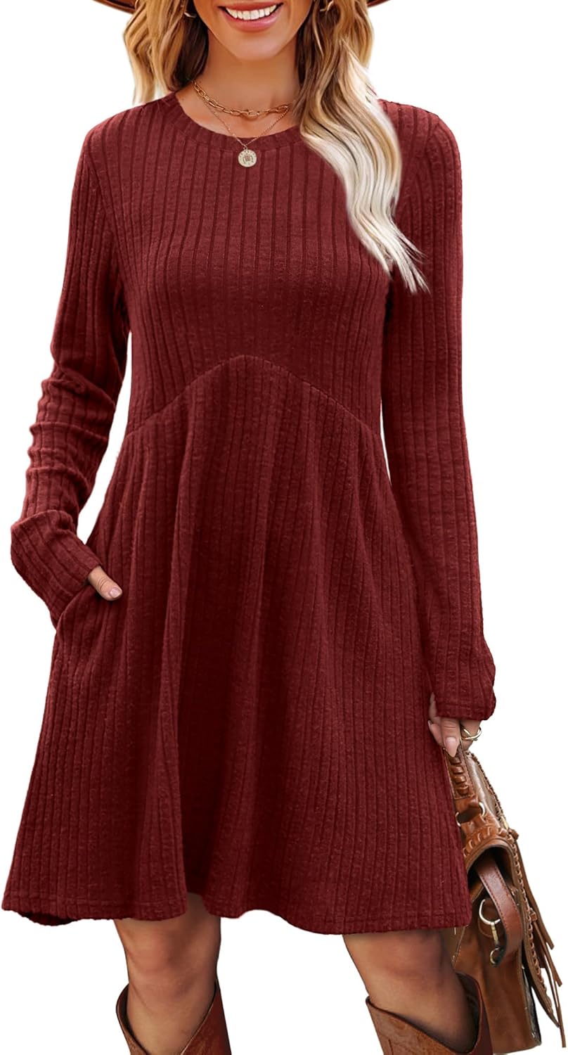 OFEEFAN Long Sleeve Dress for Women Crew Neck Empire Waist Tunic Dress with Pockets