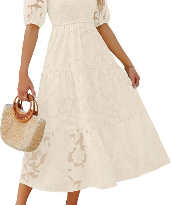 ZESICA Women's 2026 Summer Short Puff Sleeve Crewneck Smocked Floral Lace Flowy A Line Tiered Maxi Dresses