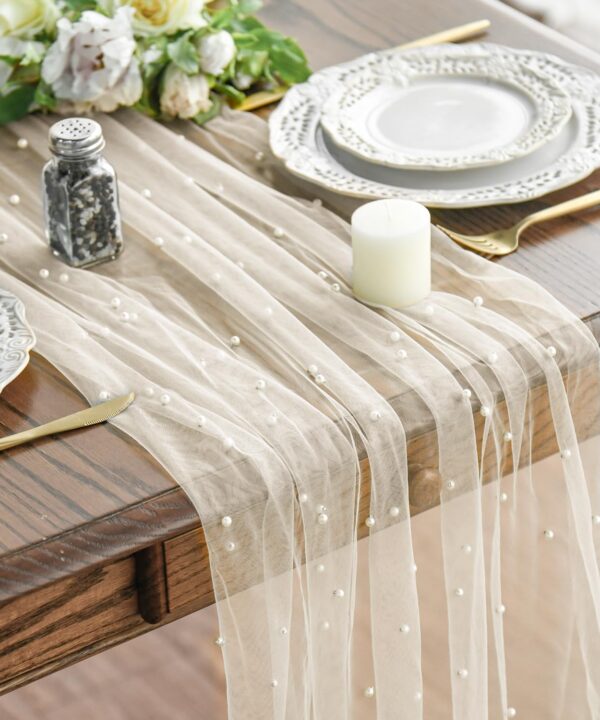 Artoid Mode Pearl Beige Gauze Table Runner 120 Inch 10FT, Seasonal Sheer Dining Holiday Wedding Birthday Baby Shower Table Decor for Home Party