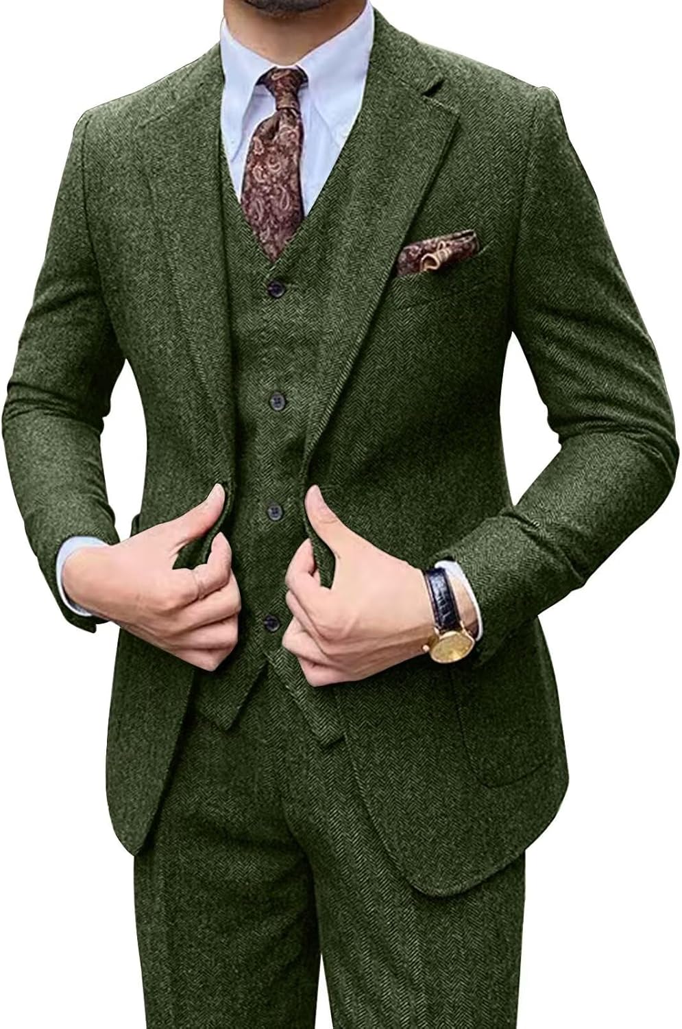 Retro Men Suit 3 Piece Tweed Herringbone Mens Suits Wool Jacket Tuxedos Wedding Grooms Blazer Vest Pants Set Prom