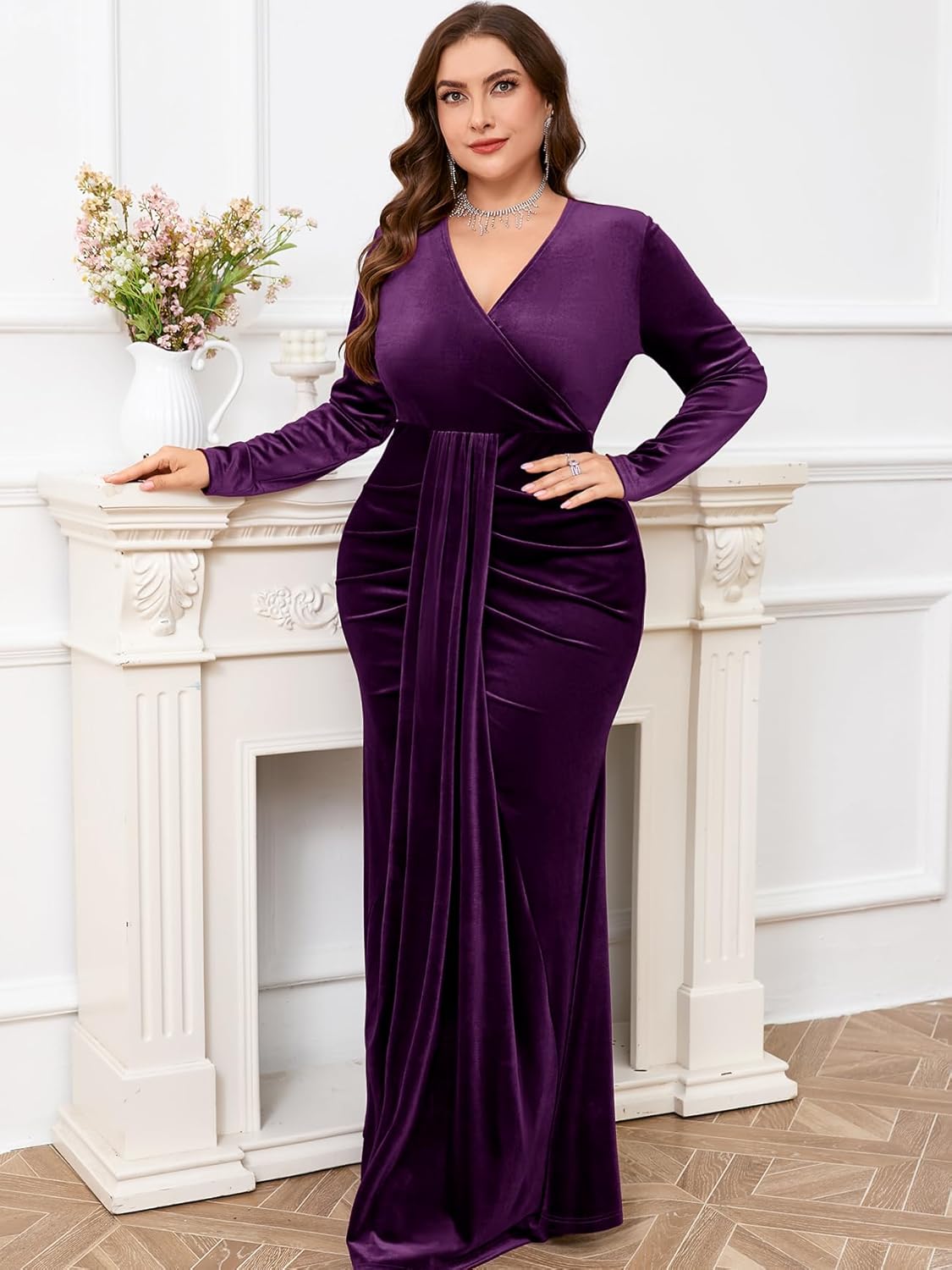 ZOMVA Plus Size Velvet Wrap Dress Long Sleeve V Neck Mermaid Maxi Formal Evening Gowns for Wedding Guest Cocktail Party