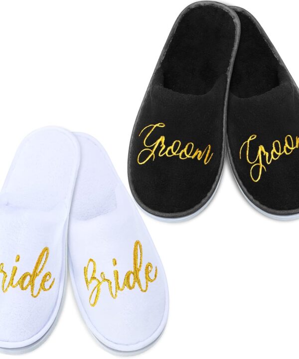 Janmercy 2 Pairs Wedding Groom Bride Slippers for Wedding Personalized Slippers Shower Bridal Party Gifts, White and Black(Bride Style)