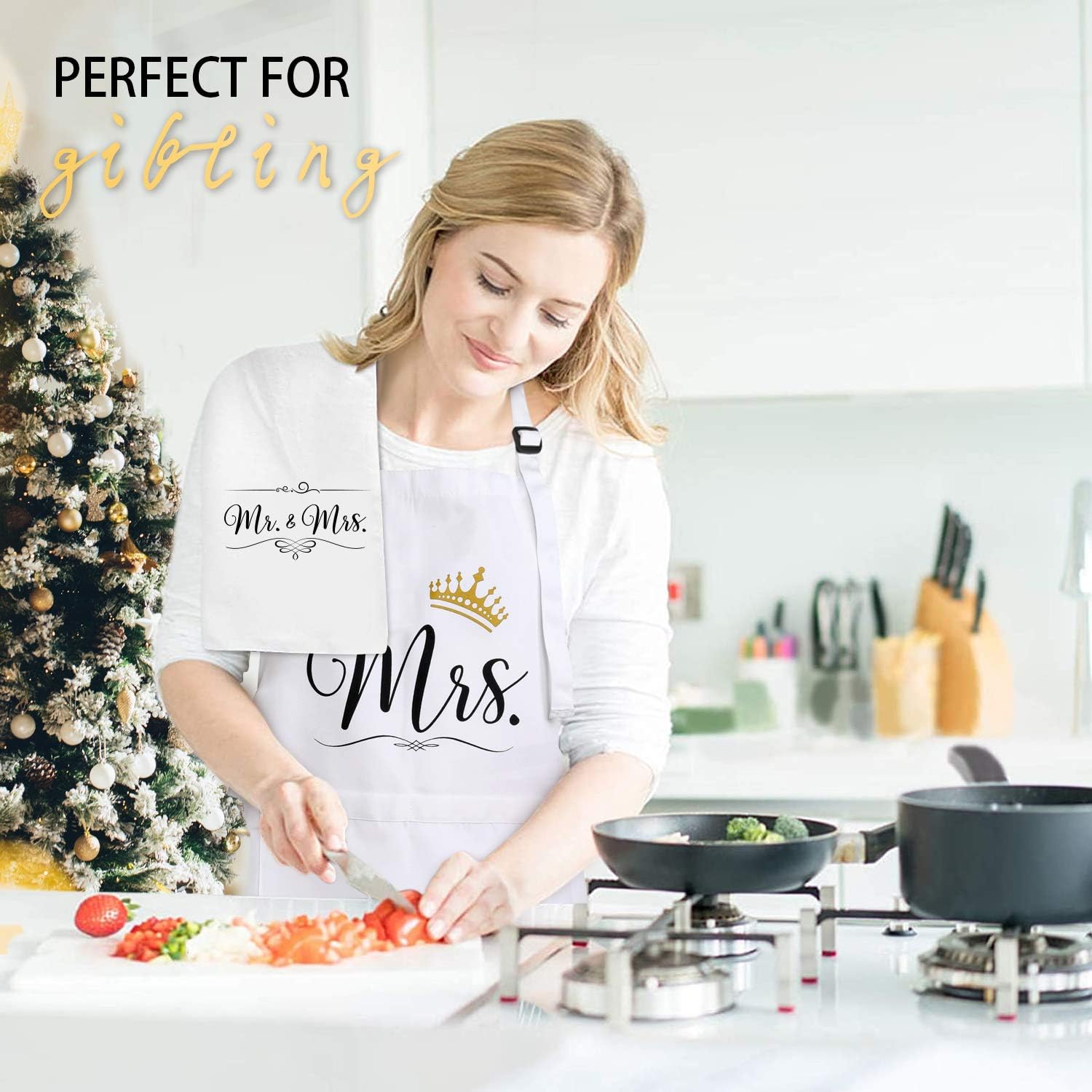 Mr & Mrs Aprons for Couples Valentines Day Gifts Basket – Wedding, Bridal Shower, Engagement Gift for Couple, His and Her Present with Dish Towel, Oven Mitts & Pot Holder, 6 Pack Kitchen Apron Set