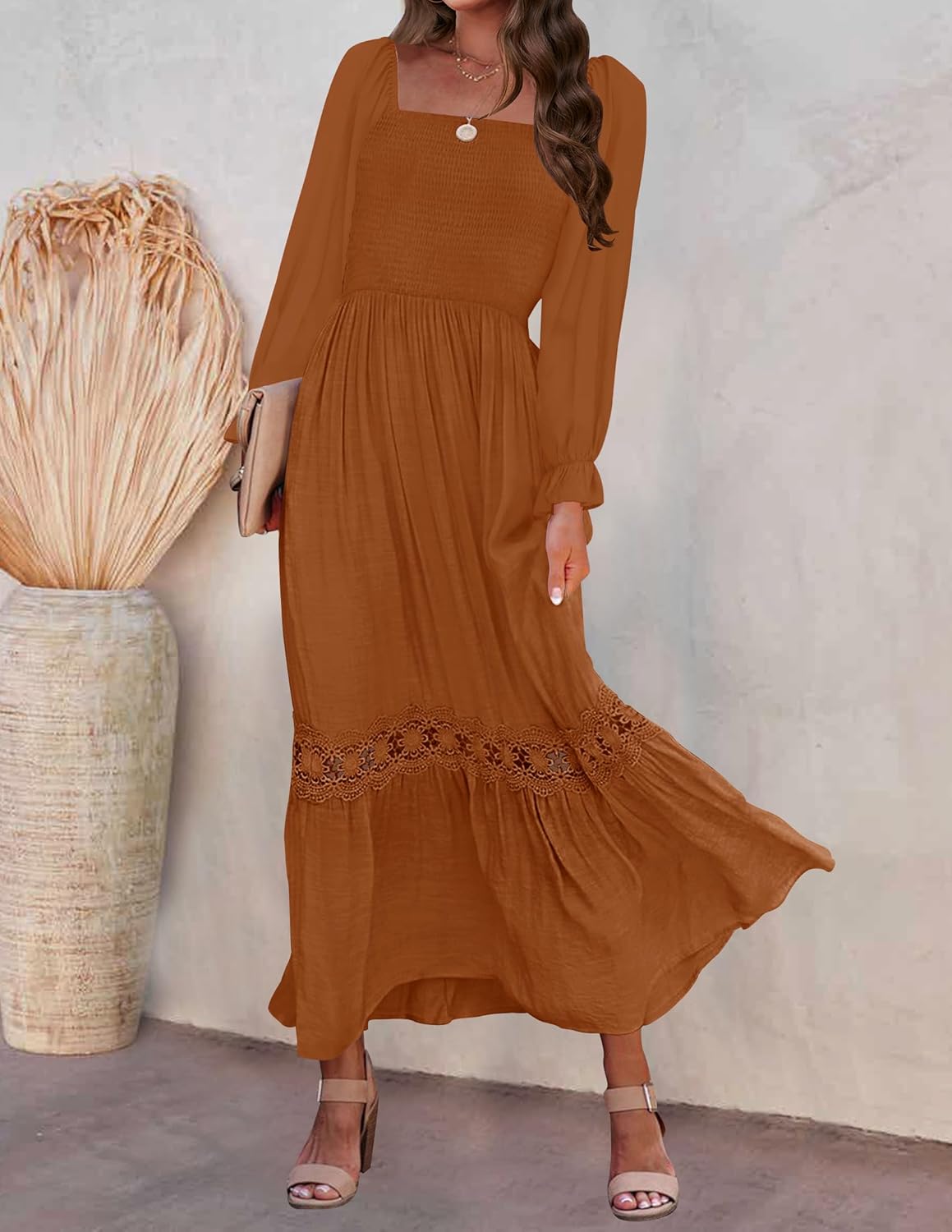 ZESICA Womens 2025 Boho Long Sleeve Square Neck Smocked High Waist Flowy A Line Lace Trim Maxi Dress