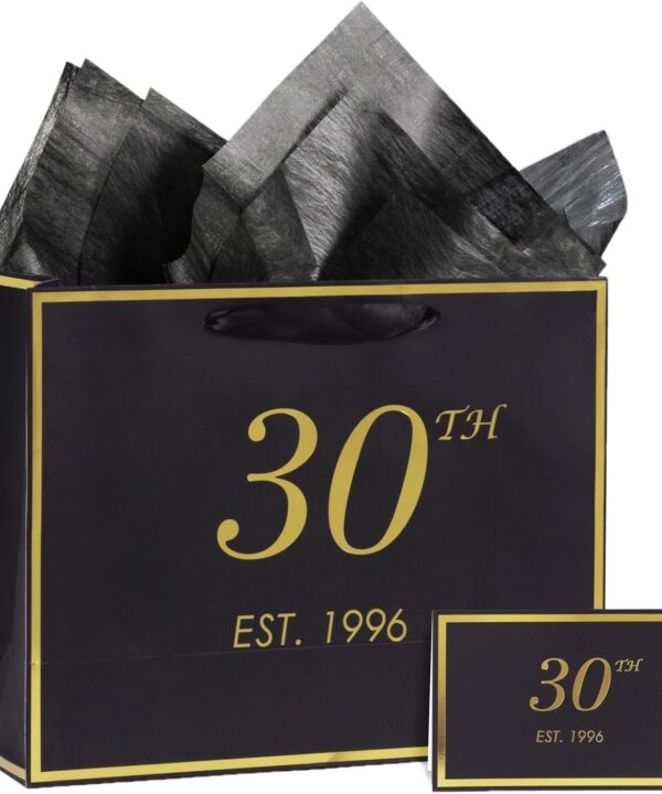 30th Birthday Gift Bag with Card and Tissue Paper for Men Women Him, 1996 30 Year Old 13" Elegant Black Gold Anniversary Keepsake Party Present Shopping Paper Bags for Gifts Wrapping (1996 30th)