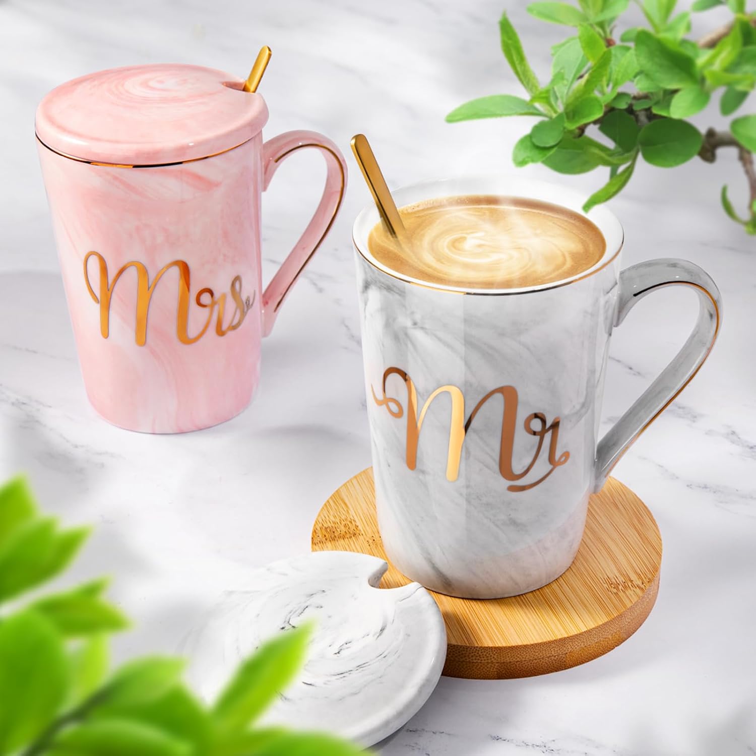 Biching Wedding Gifts for Couples 2025, Couple Gift for Anniversary – 14oz Ceramic Marble Mr and Mrs Mugs Set, Present for Bridal Shower Engagement Bride and Groom, with Greeting Card, Luxury Gift Box