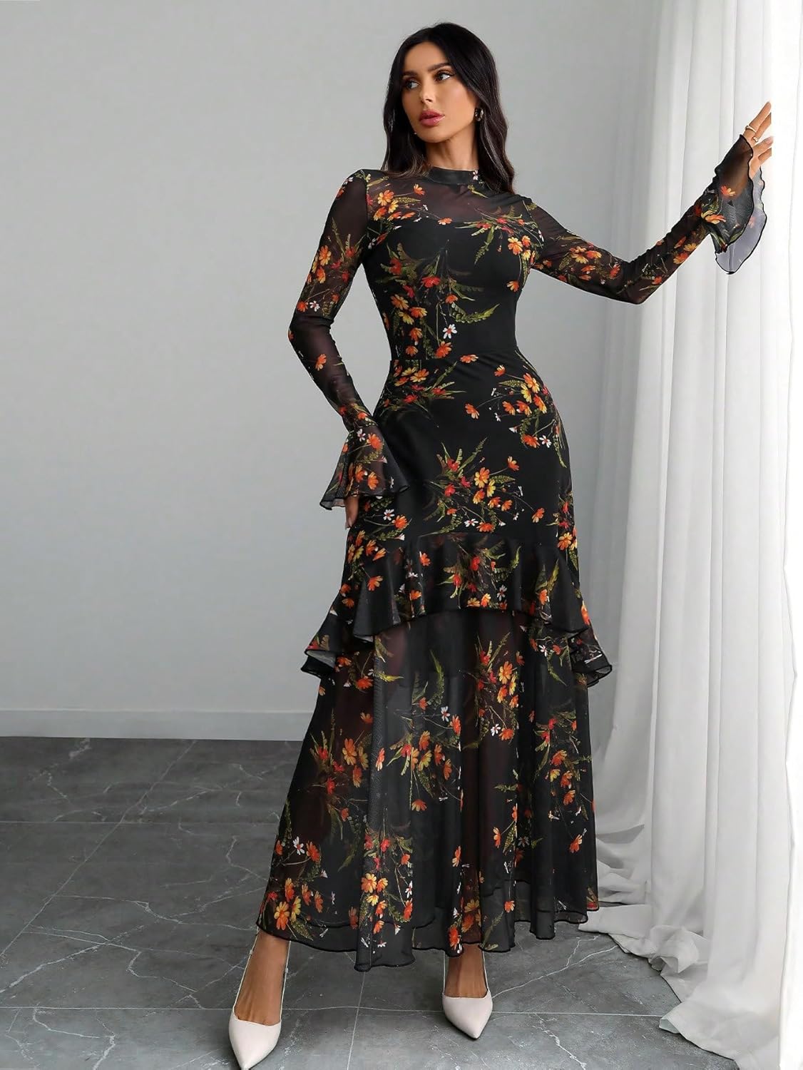 GothDark Womens Floral Maxi Dress Sheer Mesh Bell Sleeve Tiered Ruffle Gothic Romantic Casual Long Dresses