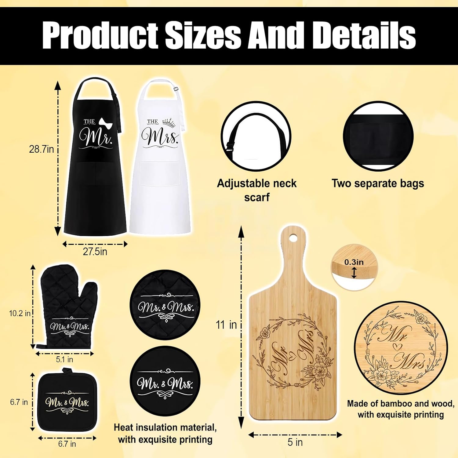 Mr & Mrs Apron Gift Set for Couple Newlyweds Kitchen Gift Cutting Board, Microwave Mitt, Mat, Cheese Knife His and Hers Husband and Wife Gift Wedding Anniversary Bridal Shower Engagement Gift