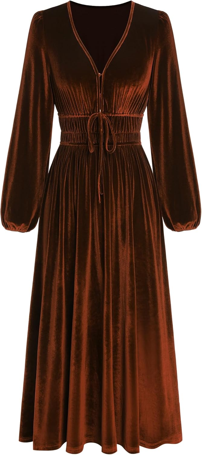 ZAFUL Womens Long Sleeve Velvet Dress 2025 Fall V Neck Holiday Cocktail Party Semi Formal Midi Dresses for Wedding Guest