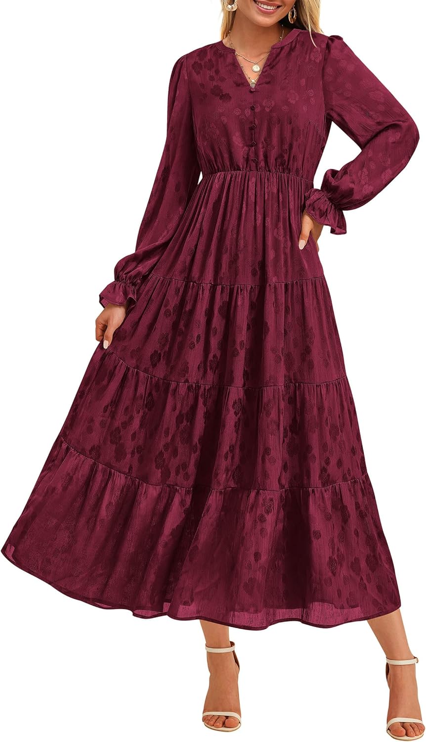 KIRUNDO Fall Wedding Guest Dresses Women 2025 Maxi Long Sleeve Holiday Party Winter Elegant Ruffle Tiered Flowy Long Dress