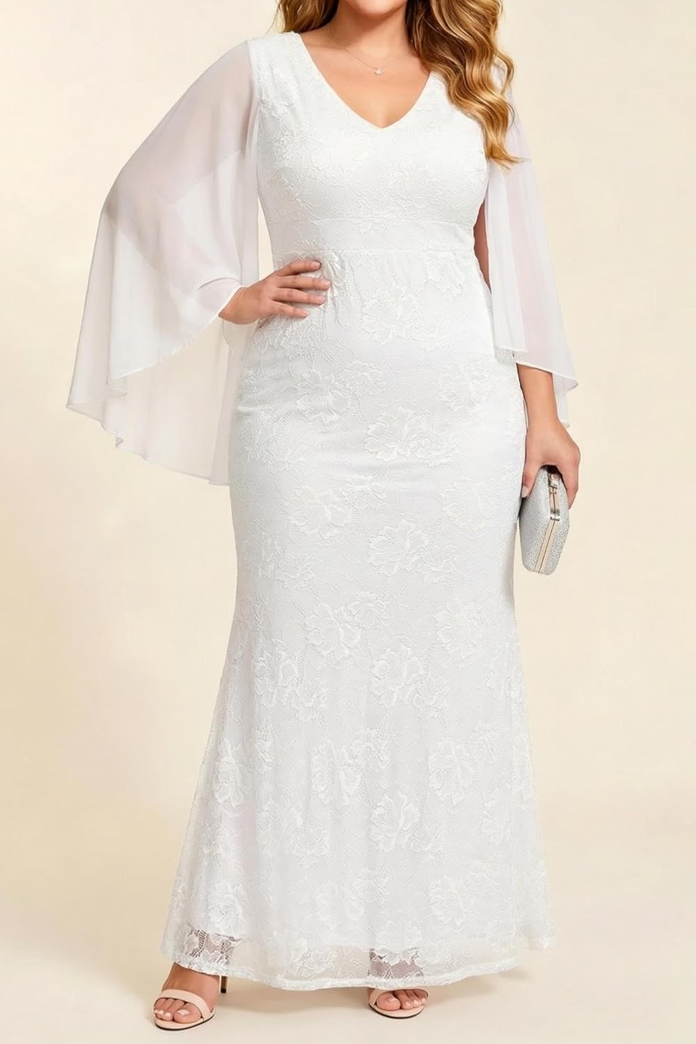 Plus Size Formal Dresses – Chiffon Capelet Ruffle Sleeves V Neck Lace Mermaid Evening Gown Prom Long Maxi Dresses 2025