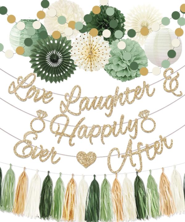 Bridal Shower Decorations,Sage GreenBridal Shower Decorations Includes Love Laughter Happily Ever After Decorations Paper Flower Ball for Wedding Bachelorette Party Decorations