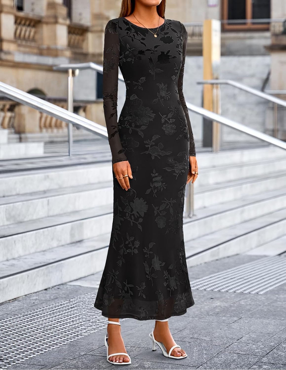 MEROKEETY Womens Fall Cocktail Formal Wedding Guest Dress Long Sleeve Maxi Bodycon Floral Mesh Winter Party Dresses