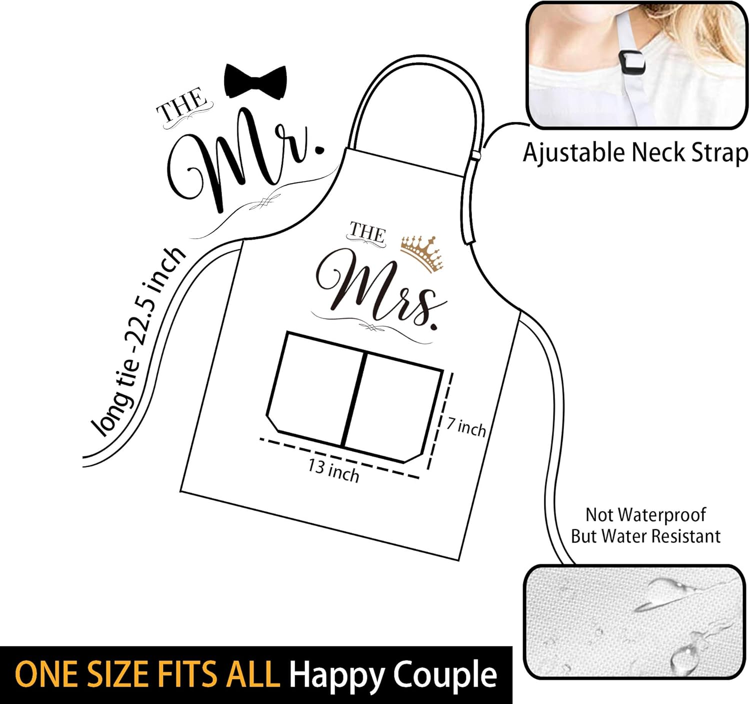 Mr & Mrs Aprons for Couples Valentines Day Gifts Basket – Wedding, Bridal Shower, Engagement Gift for Couple, His and Her Present with Dish Towel, Oven Mitts & Pot Holder, 6 Pack Kitchen Apron Set