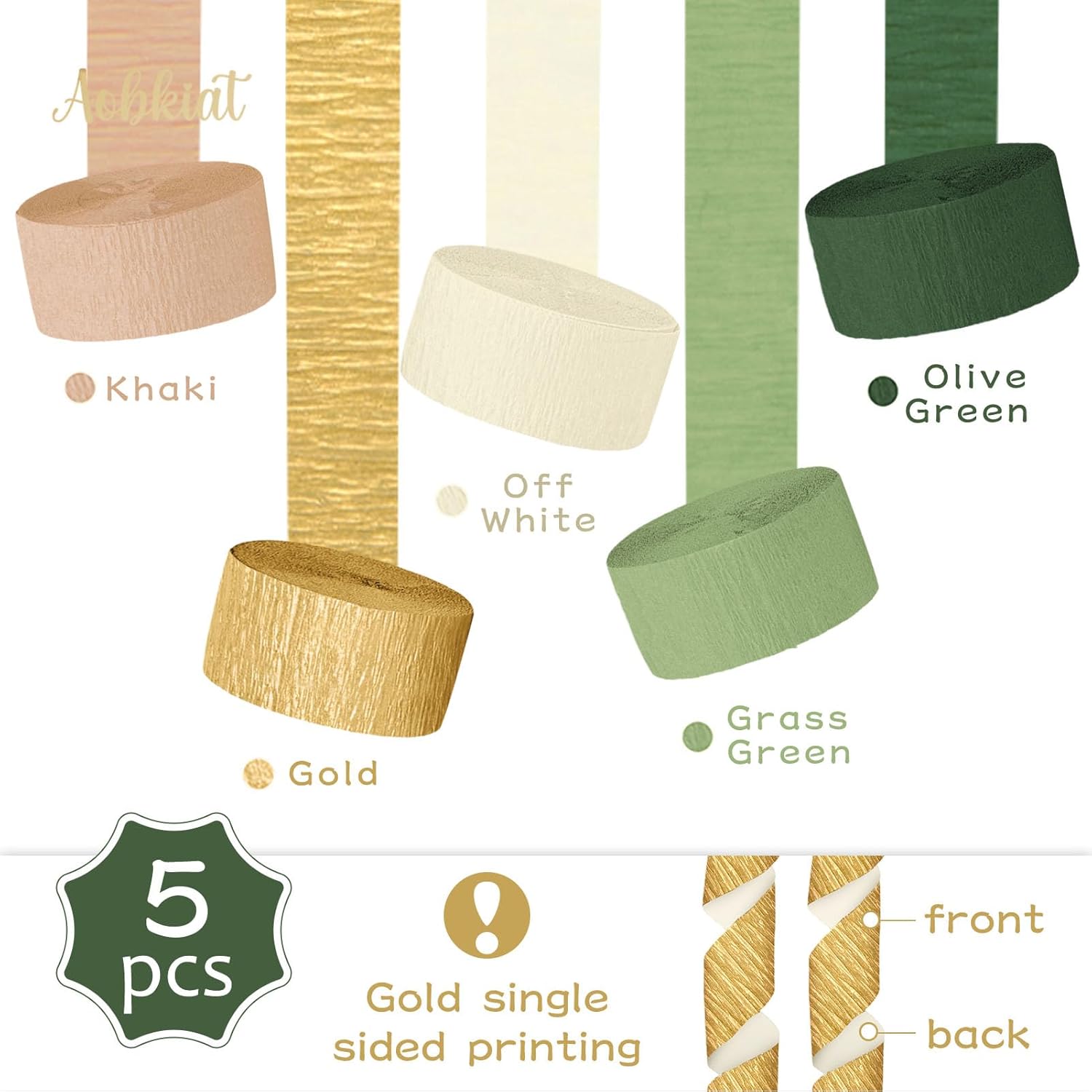 AOBKIAT Wedding Party Decorations, 5 Rolls Olive Green Khaki Crepe Paper Streamers for Green Boho Wedding, Birthday, Bridal/Baby Shower