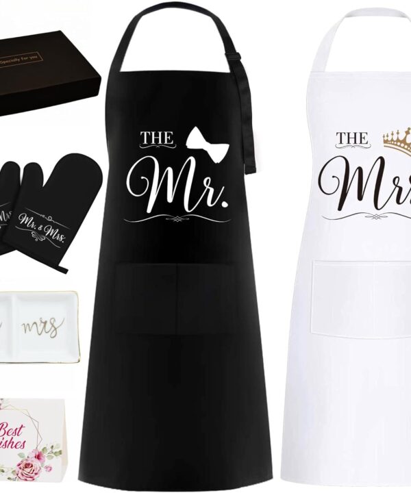 Wedding Gifts for Couples, Mr and Mrs Aprons Engagement Presents for His and Her, Kitchen Cooking Bride To Be Gifts, Funny Wedding Gifts Box for Friend Sister Hubby and Wifey