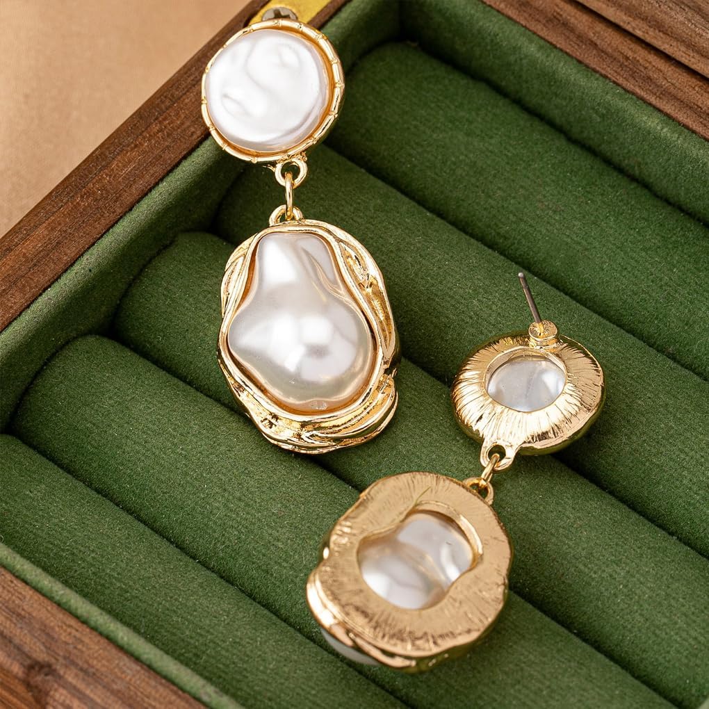 Gold Pearl Statement Earrings for Women,Vintage Large Baroque Pearl Dangle Drop Earrings,Trendy Formal Prom Party Bride Earrings for Wedding