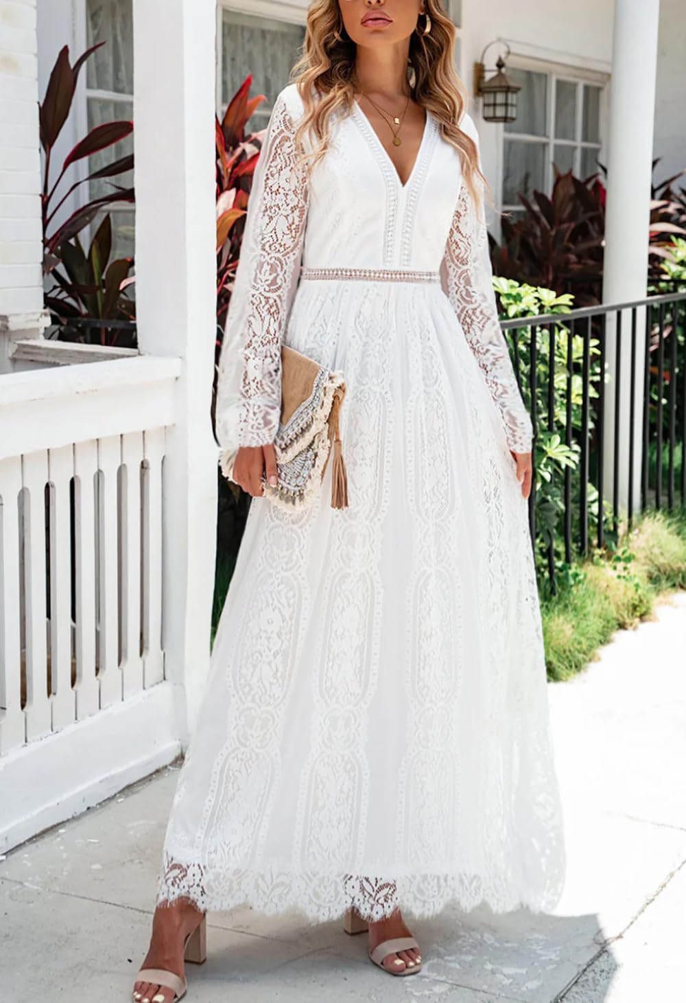 Cercis Womens Off The Shoulder Floral Lace Maxi Wedding Dress Boho Flowy Wedding Guest Formal Long Dresses