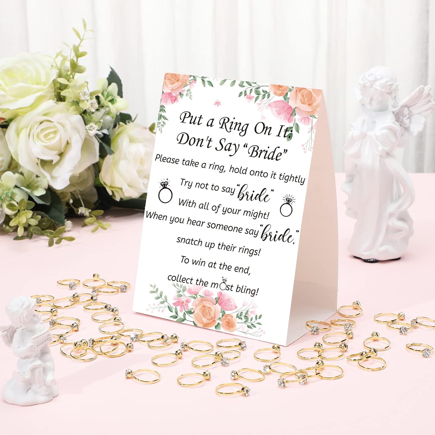 Woanger Put a Ring on It Bridal Shower Game with 50 Fake Rings, Rustic Greenery Theme Wedding Shower Games Wedding and Engagement Rings and Not Say Bride Rules Cards(Bright Flowers,Gold)