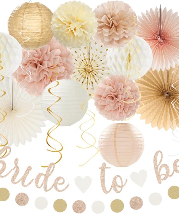 Champagne-Gold Beige Fall Boho Bachelorette Party-Decorations - 21pcs Women Bridal Shower Banner Garland,Bride To Be Paper Streamers Lanterns,Flower Tissue Pom Poms Fan Favors Wedding Decor Huglony