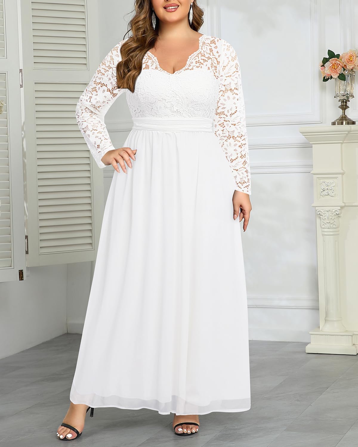 Plus Size Formal Wedding Dresses – Gowns Evening Prom Elegant V Neck Long Sleeve Lace Chiffon Long Maxi Dress