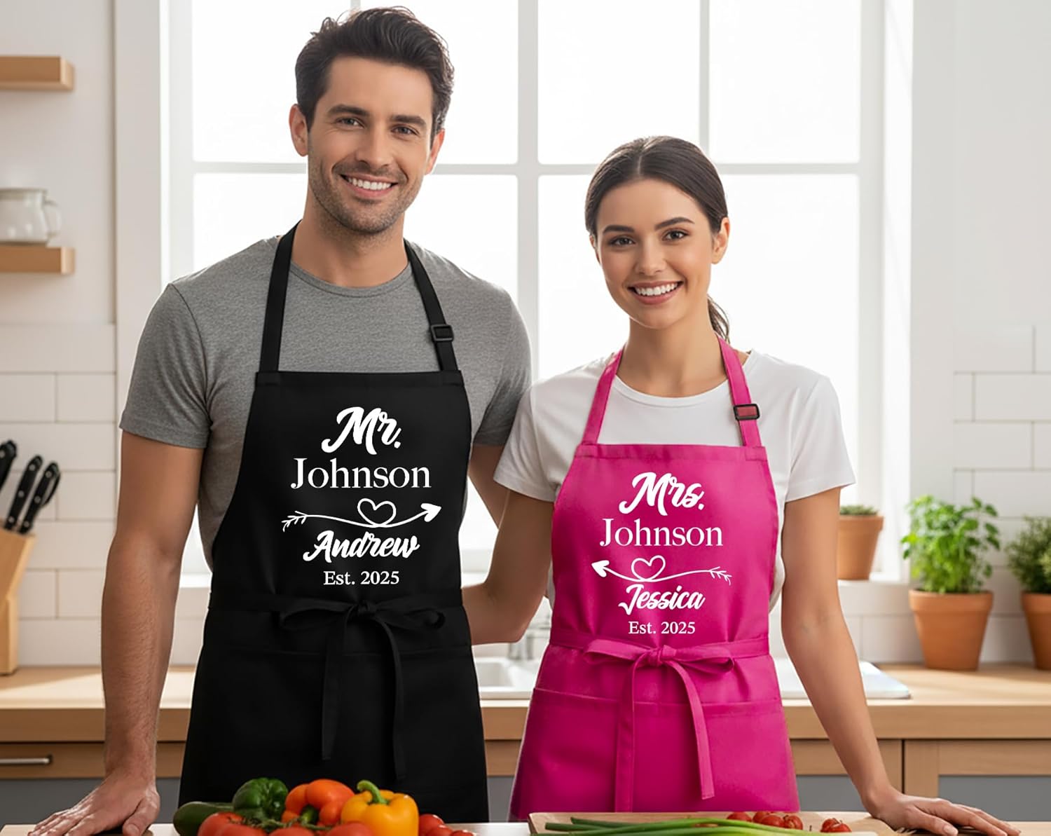 Mr and Mrs Aprons for Couples, Couple Gift for Christmas, Anniversary, Birthday, Valentines Day and Bridal Shower, Custom Wedding Gifts for Couples, Kitchen Cooking Chef Aprons and Chef Hats with Name