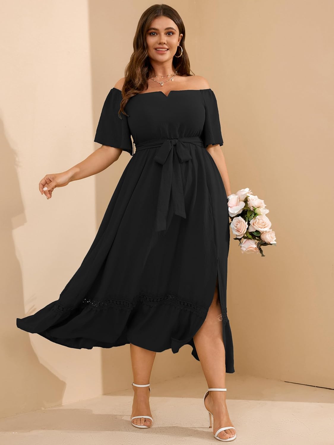 RWJ Womens Plus Size Dress for Cocktail Wedding Guest Formal V Neck Off The Shoulder Maxi Dress with Belt