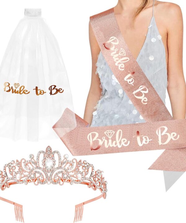 CIEHER Bride To Be Sash + Bridal Veil + Crown Set for Bachelorette Party Favors