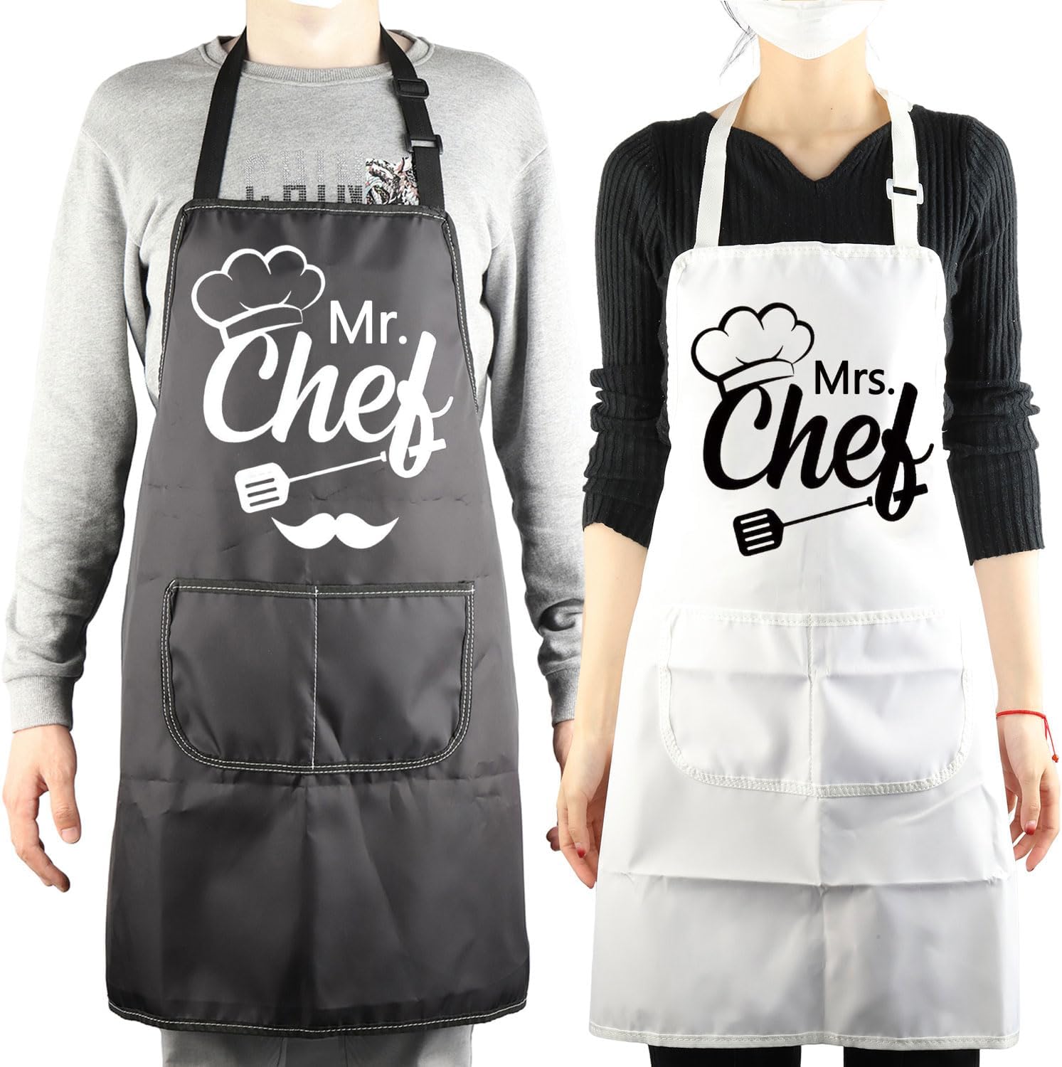 MBMSO Mr and Mrs Chef Aprons Set for Couples Cooking Matching His and Hers Kitchen Apron Couple Chefs Wedding Engagement Gift