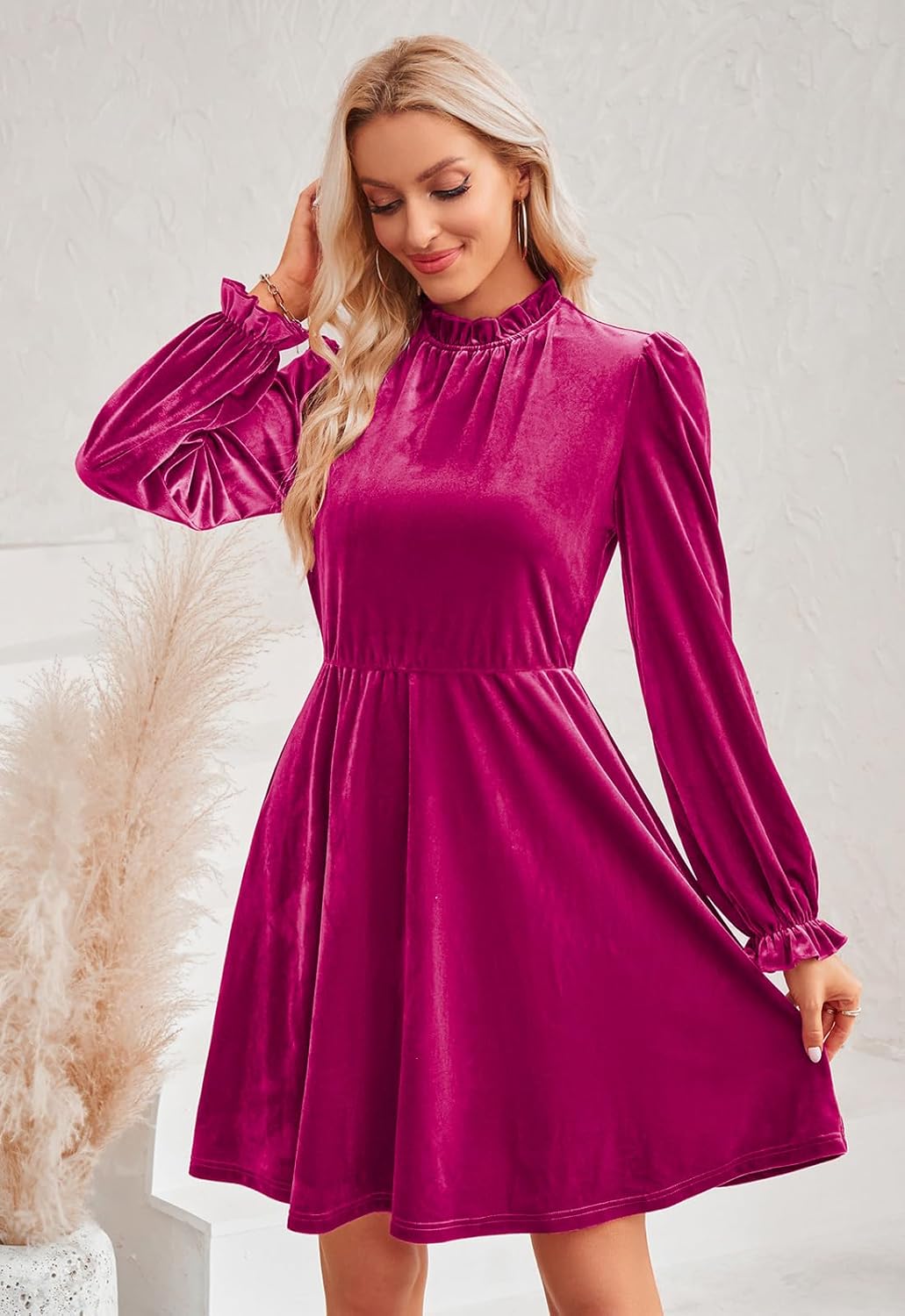 Jayscreate Womens 2023 Velvet Dress Elastic Waistline Fall Long Sleeve Wedding Guest Short Wrap Tunic Formal Dress