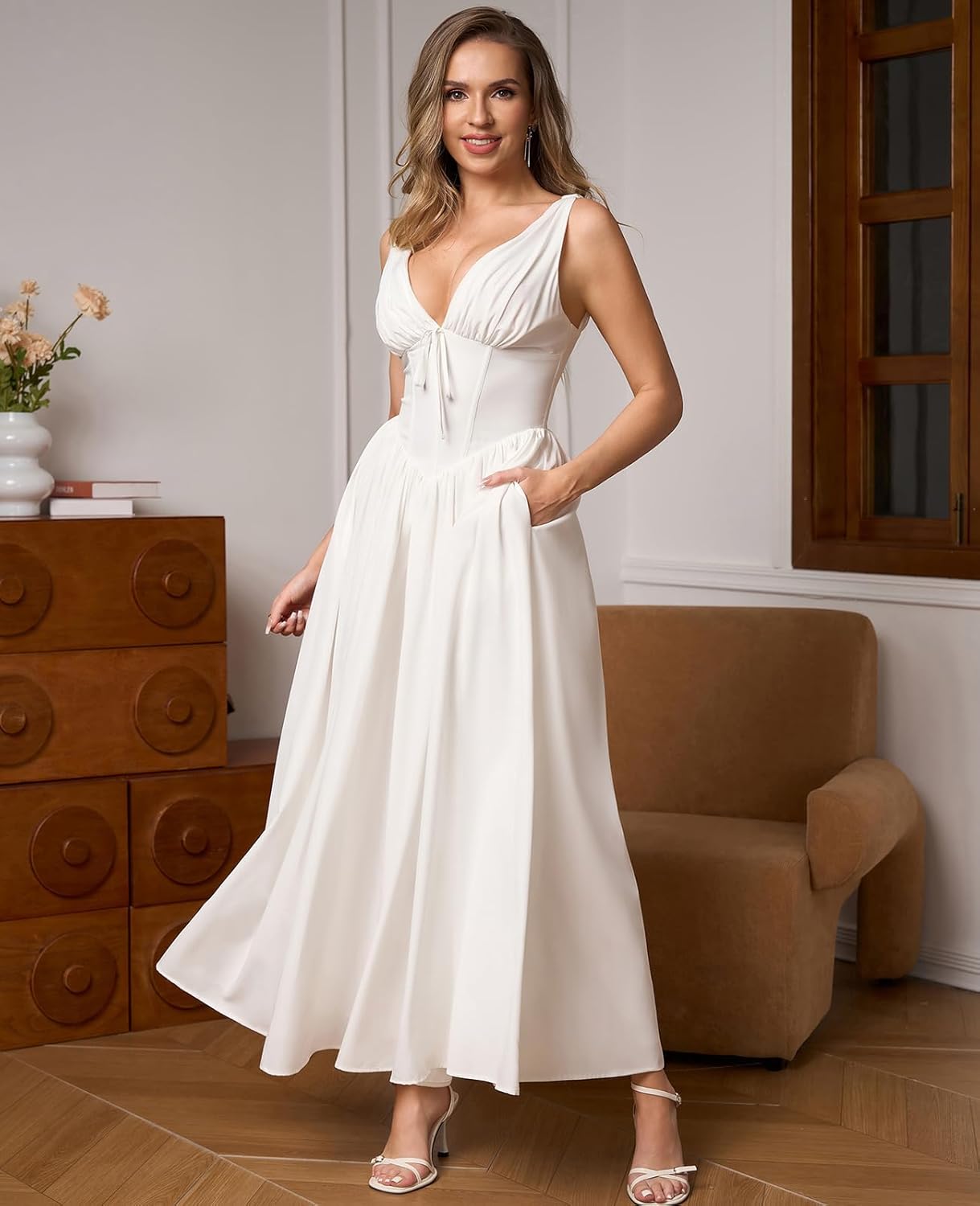 GLNEGE Womens Summer Corset Midi Milkmaid Dress Casual V Neck Flowy A Line Sundress Wedding Guest Dresses with Pockets 2025