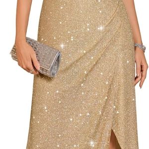 DRESSTELLS Women's Sparkly Formal Wedding Guest Dresses, Sequin Cocktail Party Evening Prom Slit Maxi Dress