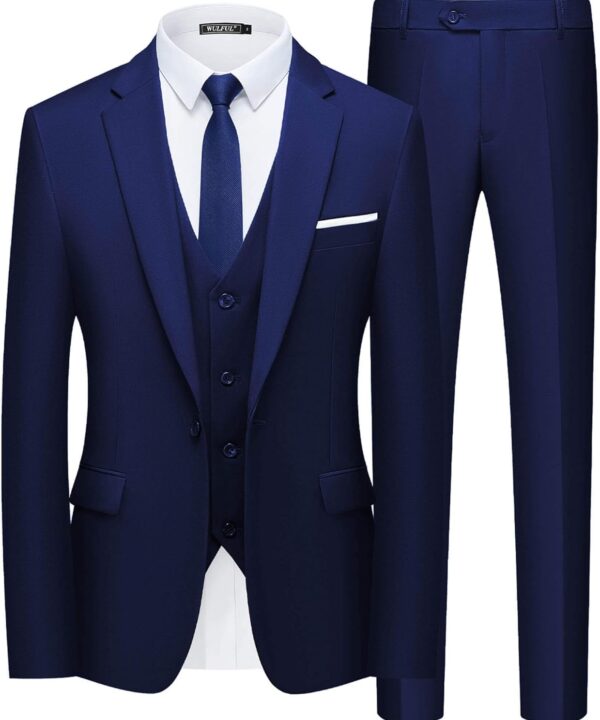 WULFUL Men’s Slim Fit Suit One Button 3-Piece Blazer Dress Business Wedding Party Jacket Vest & Pant