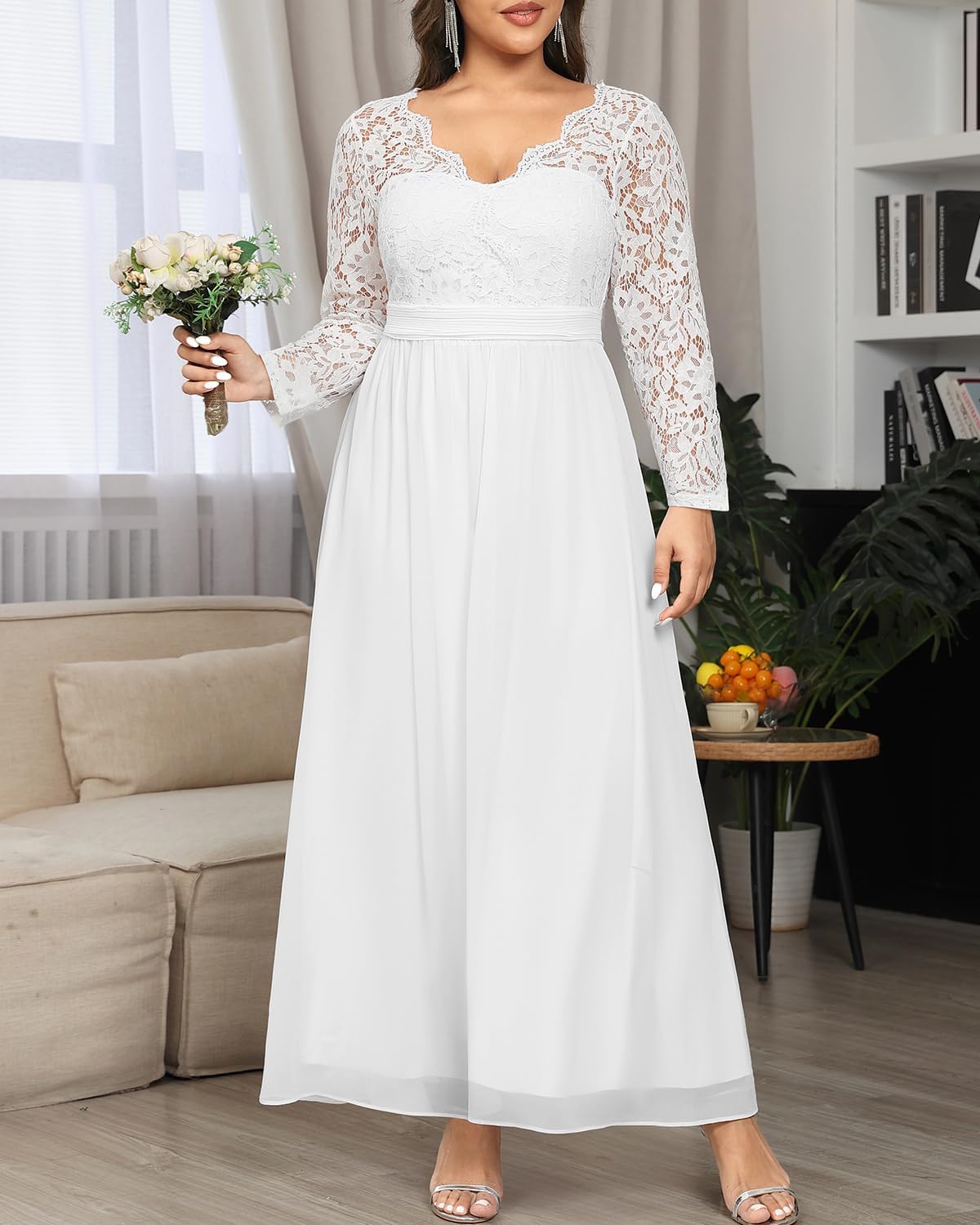 Plus Size Formal Wedding Dresses – Gowns Evening Prom Elegant V Neck Long Sleeve Lace Chiffon Long Maxi Dress