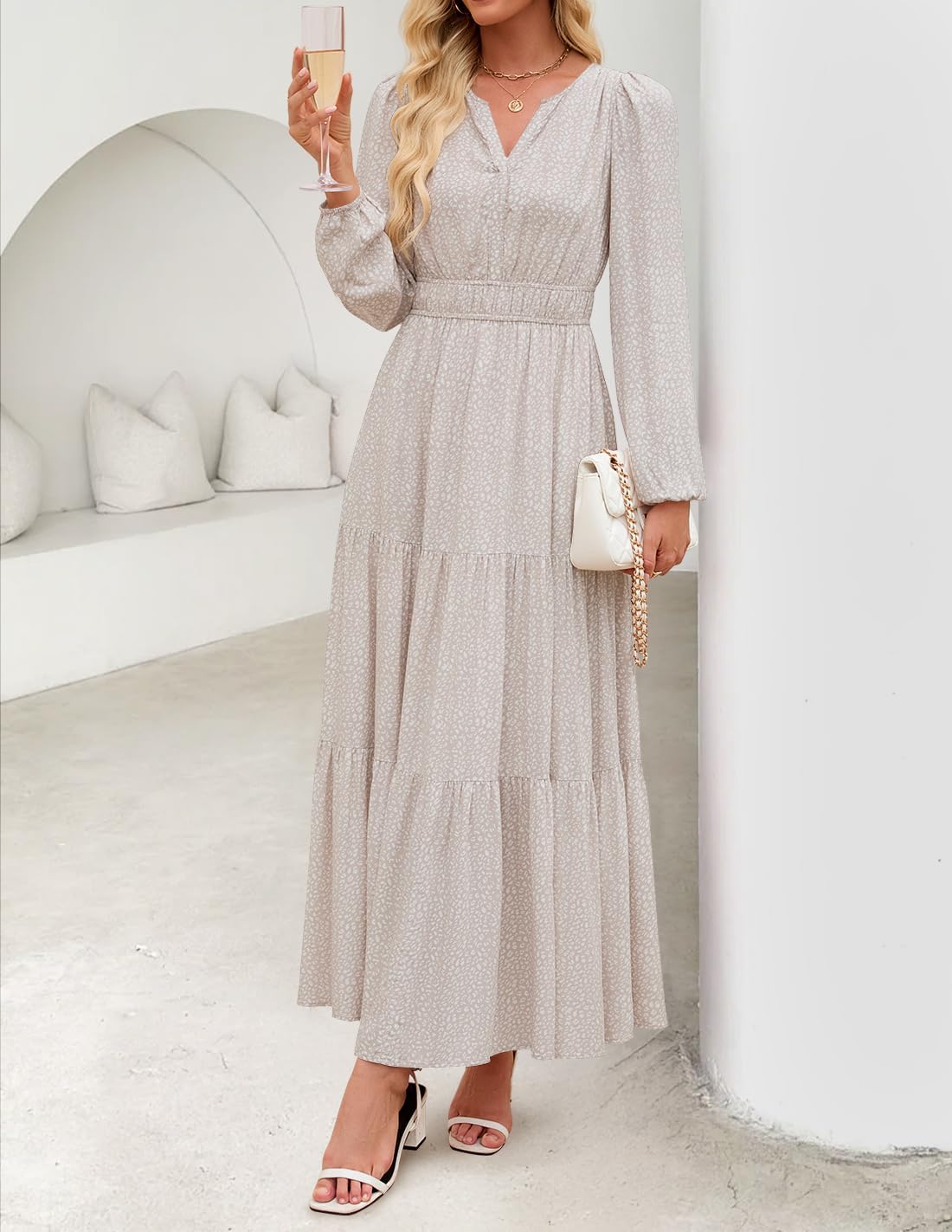 ZESICA Fall Dresses for Women 2025 Long Sleeve Boho Floral V Neck Empire Waist A Line Casual Flowy Wedding Guest Maxi Dress