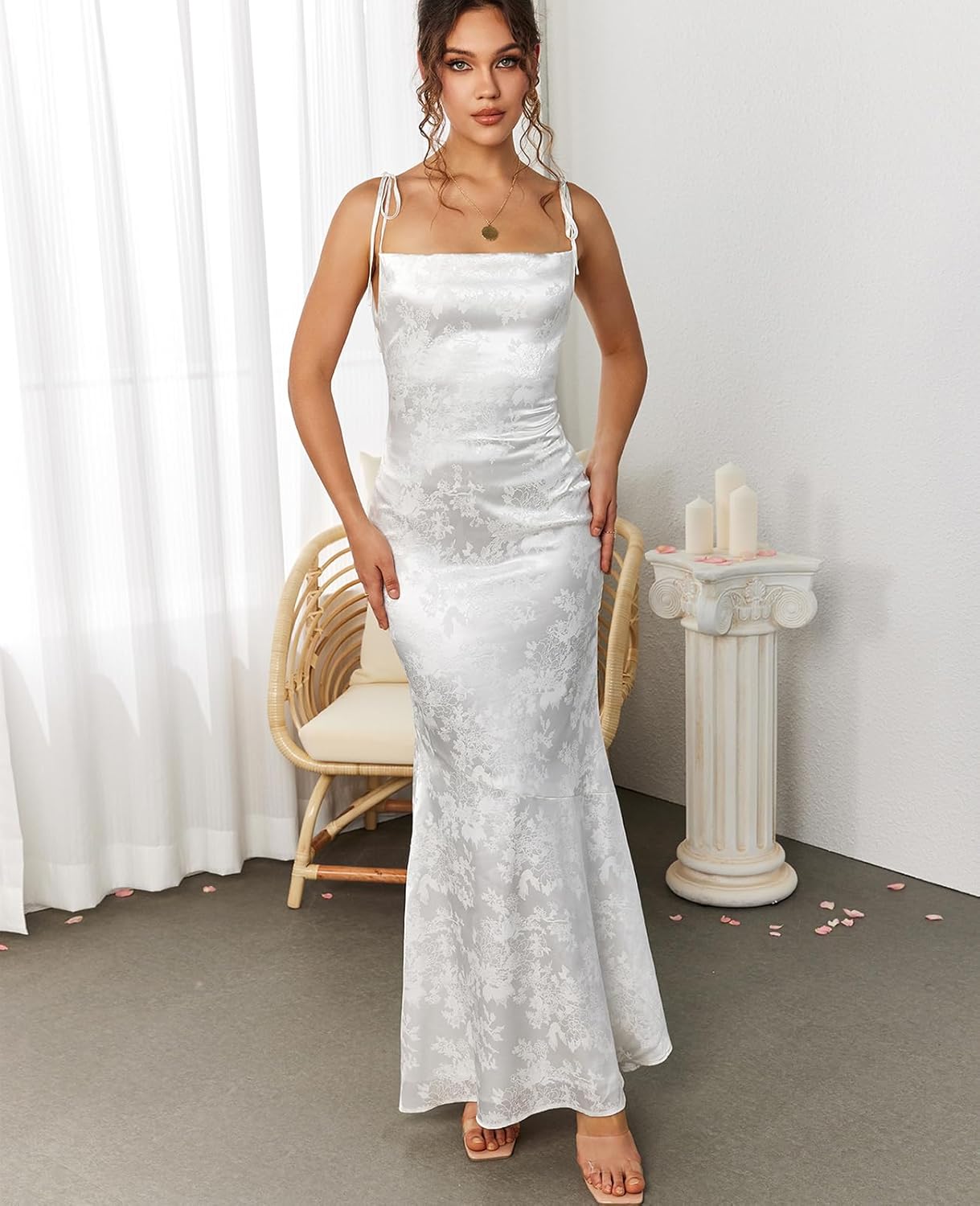 GLNEGE Womens Satin Bodycon Maxi Dress Elegant Formal Spaghetti Strap Cowl Neck Evening Party Dresses