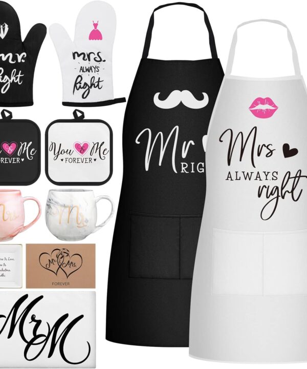 Mepase 10 Pcs Mr and Mrs Aprons Gift Set Advent Calendar 2025 for Couple Bridal Shower Wedding Christmas Engagement Gift His and Her Apron Mat Mug Gloves Jewelry Plate Dish Towel Card Groom Present