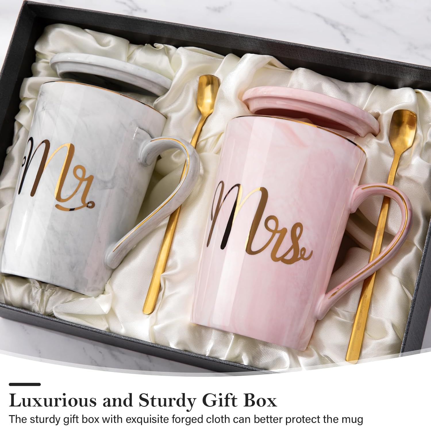 Biching Wedding Gifts for Couples 2025, Couple Gift for Anniversary – 14oz Ceramic Marble Mr and Mrs Mugs Set, Present for Bridal Shower Engagement Bride and Groom, with Greeting Card, Luxury Gift Box