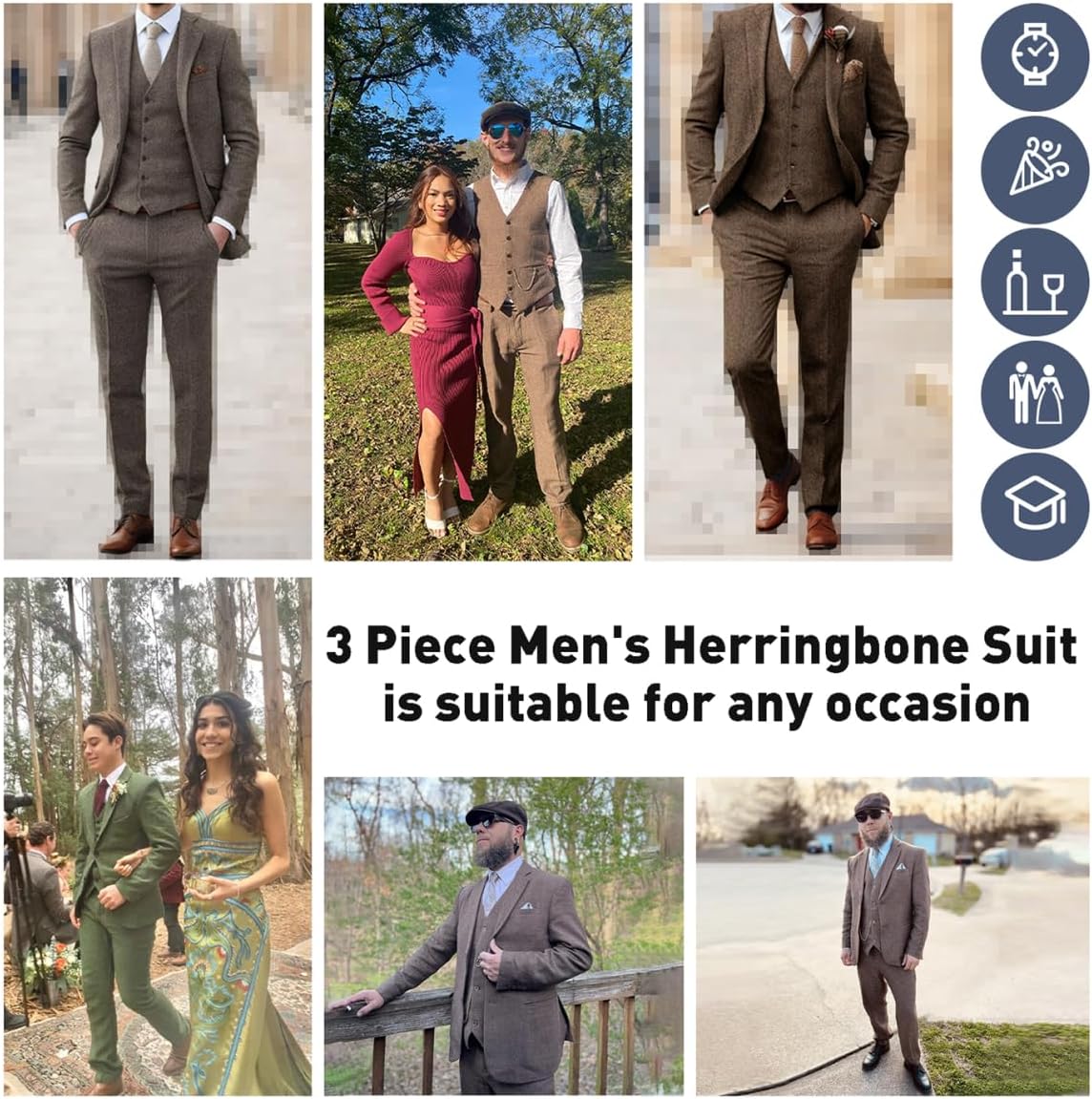 Retro Tweed Herringbone Suit for Men Slim Fit 3 Pieces Mens Suit Groom Dress Tuxedos Prom Suit Jacket Vest Pants