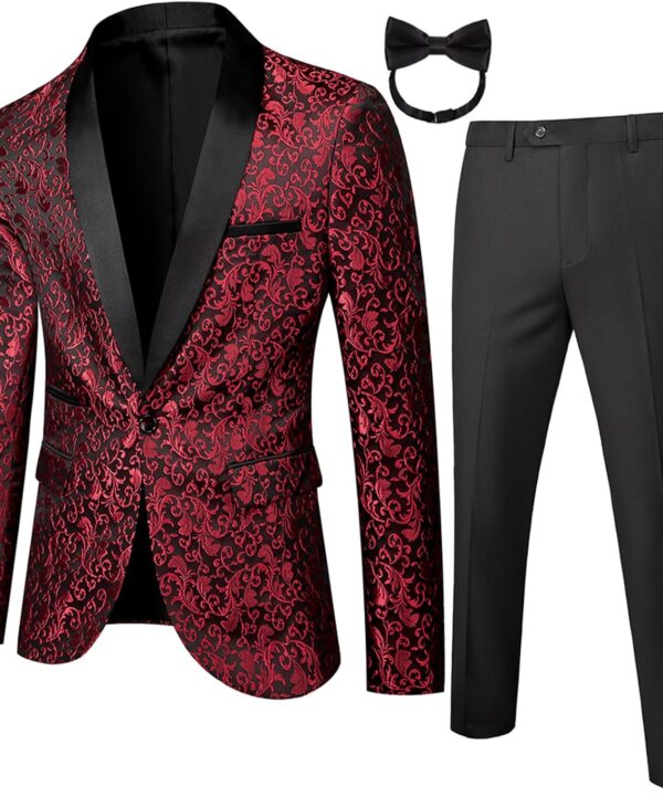 Mens Tuxedo Black Floral 2 Piece for Prom Wedding Party Suit Jacket Pants Slim Fit Shawl Lapel